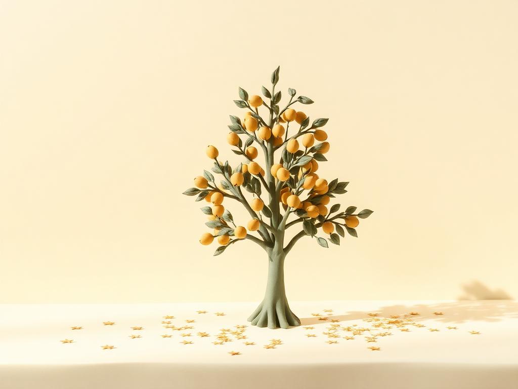 A sage clay tree heavy with gold clay fruit standing on cream clay ground