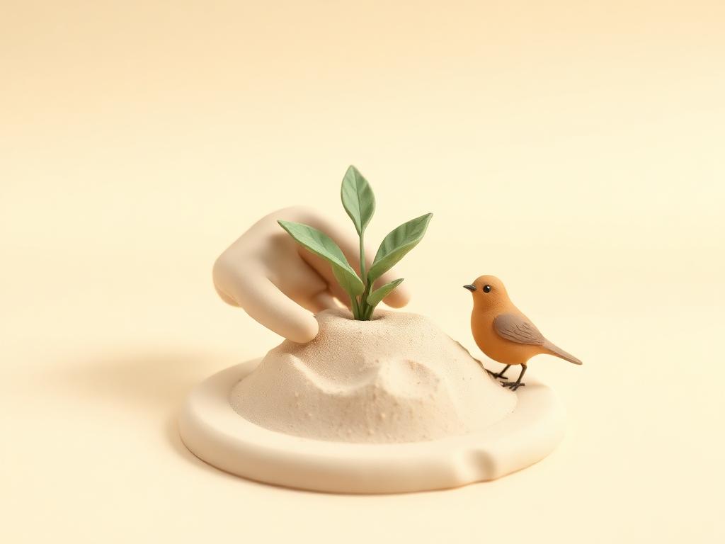 A cream clay hand pressing a sage clay seedling into pale clay soil beside a small clay bird