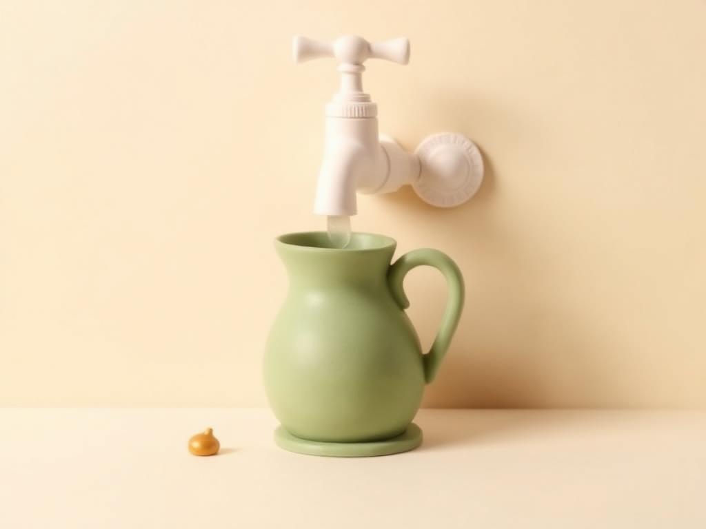 A cream clay jug pouring a thin stream of water into a sage clay basin