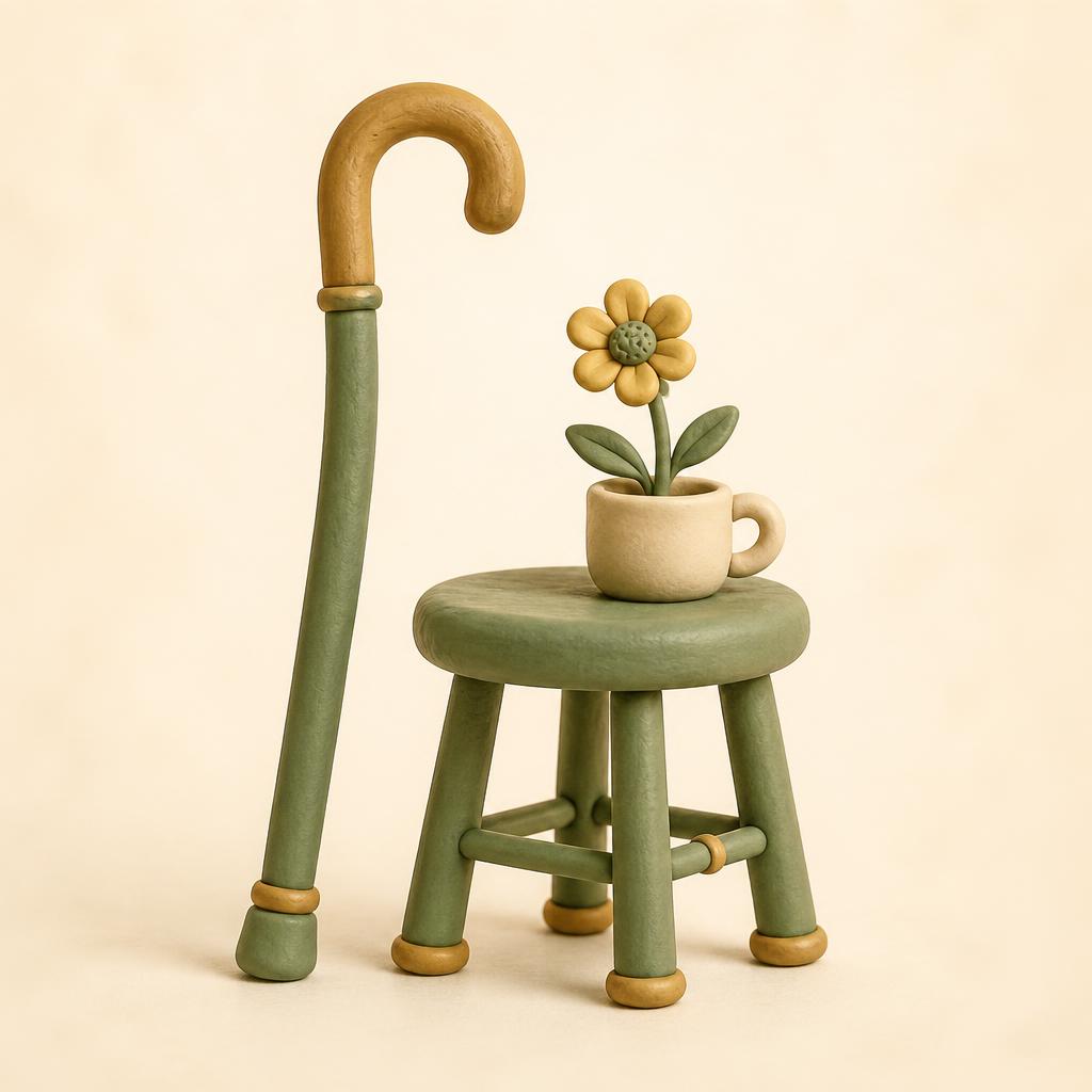 A sage clay walking cane leaning beside a small clay stool holding a cup with a single gold clay flower