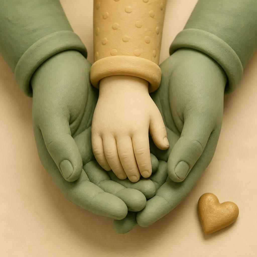 A small clay child's hand resting inside two larger clay adult hands with a gold clay heart beside them