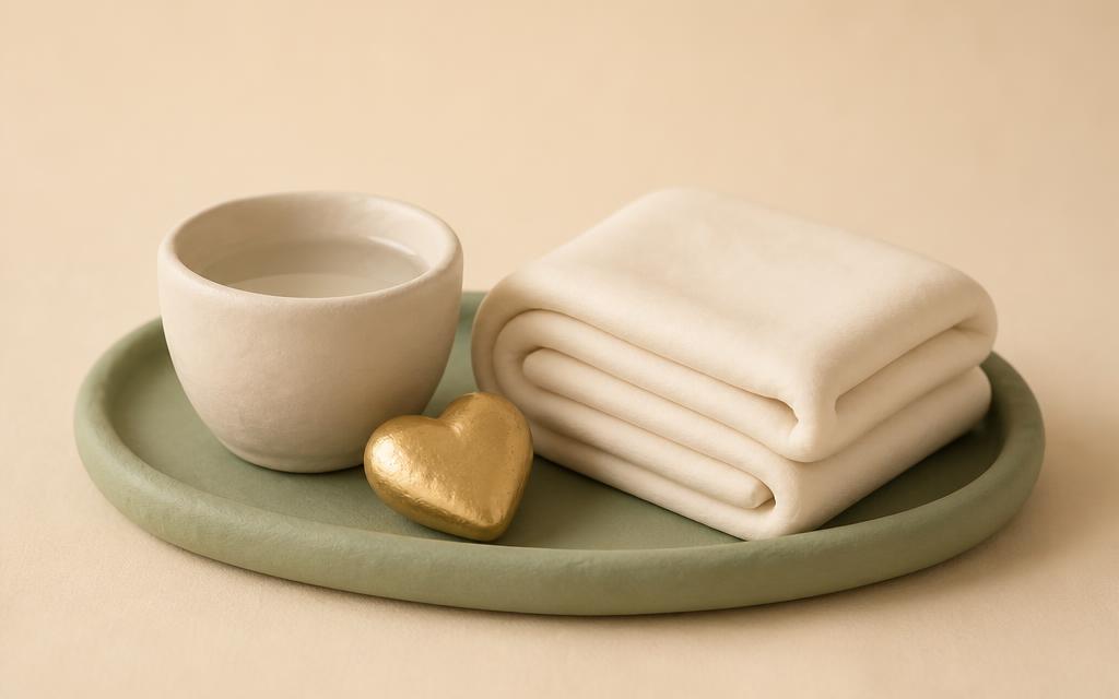A sage clay teapot pouring into two small clay cups on a round clay tray with a folded cream cloth and a gold clay heart