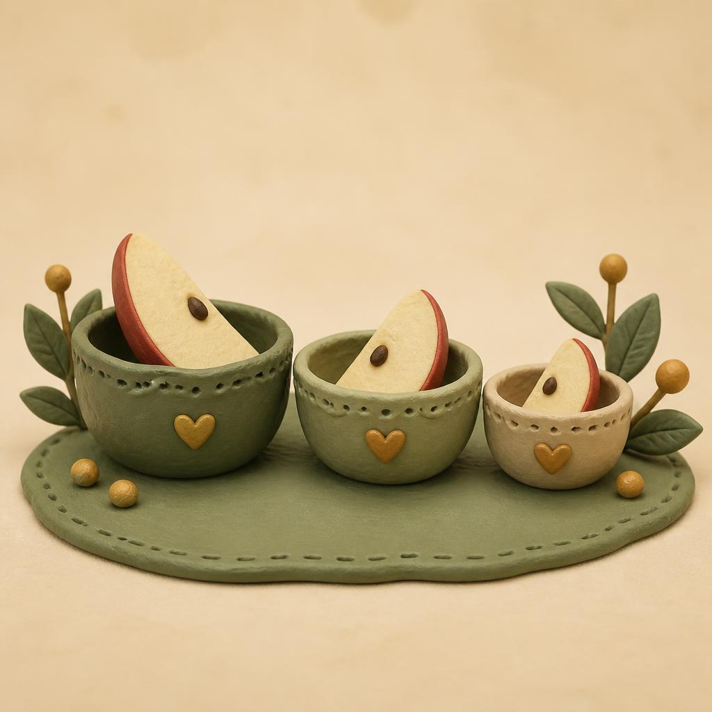 Three sage clay bowls of different sizes on a clay mat, one clay apple shared in three pieces between them