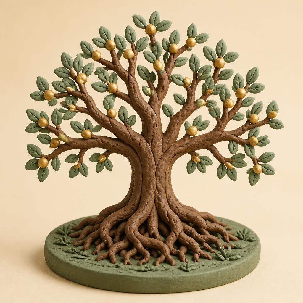 A clay tree with gold clay fruits whose brown clay roots are visibly knotted together on a round clay base