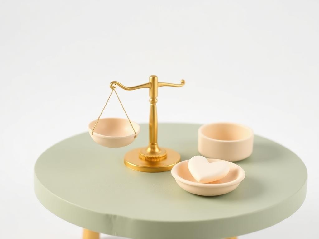 Gold clay balance scale with cream clay pans and a small cream clay heart on a sage clay table