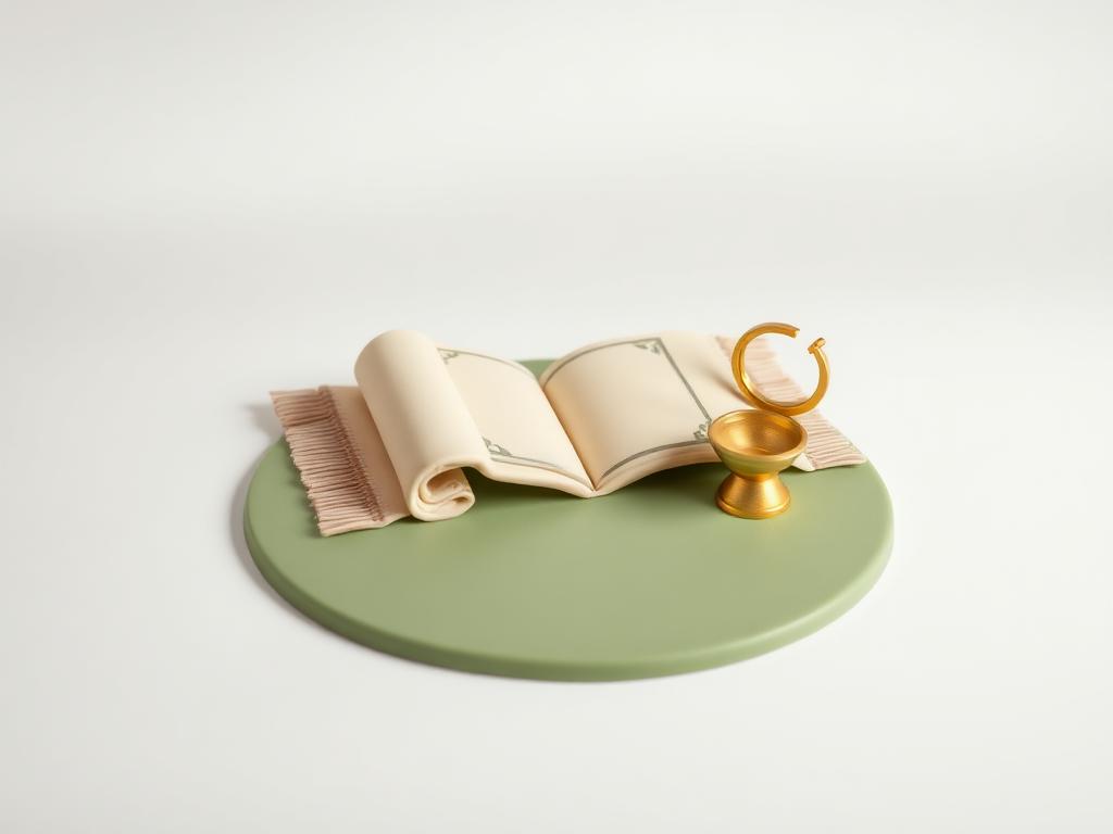 Cream clay prayer mat unrolled on a sage clay disc beside a small gold clay lamp