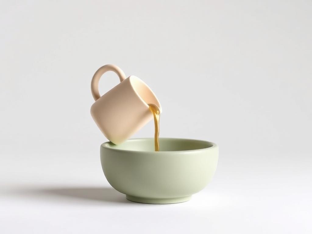 Cream clay jug pouring a gold clay stream into a sage clay bowl