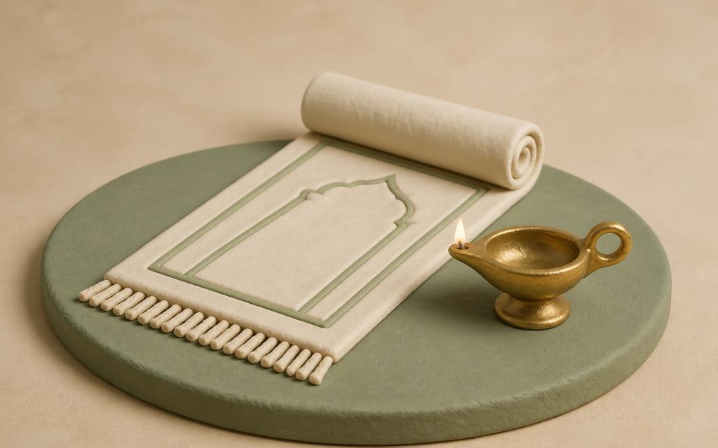 Two cream clay cupped hands holding a small gold clay sun against a sage clay backdrop