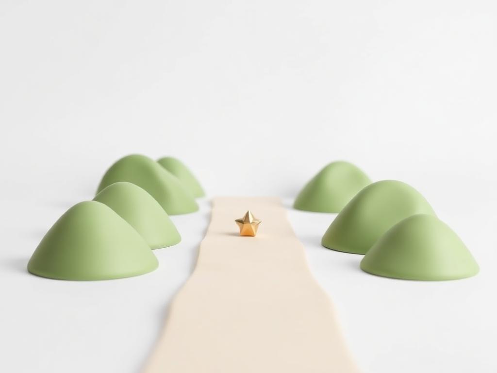 Straight cream clay path between sage clay hills with a gold clay star at the far end