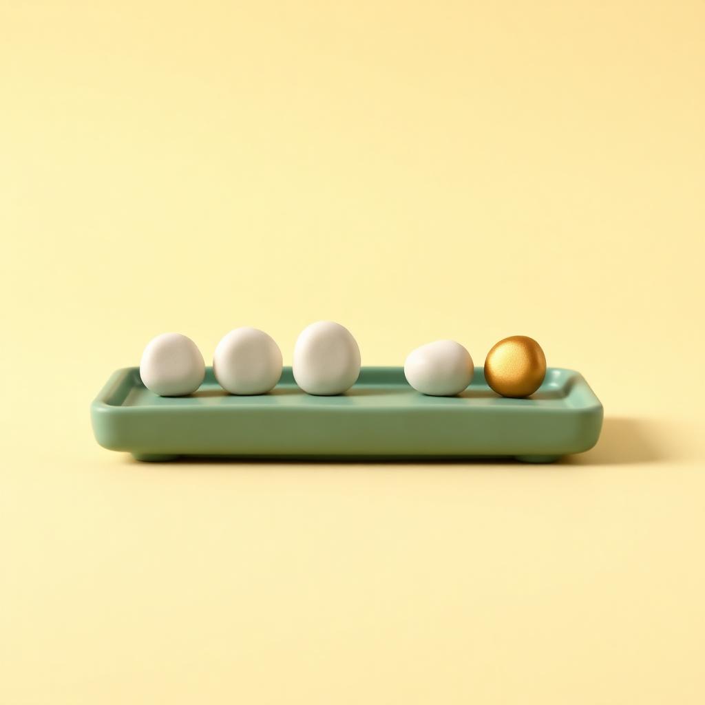 Small gold clay pebbles being counted on a cream clay tray beside a sage clay mat