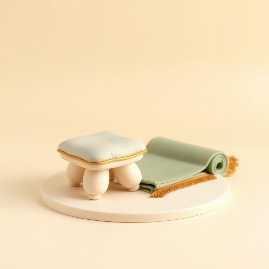 Cream clay stool with a sage clay cushion beside a folded sage clay mat