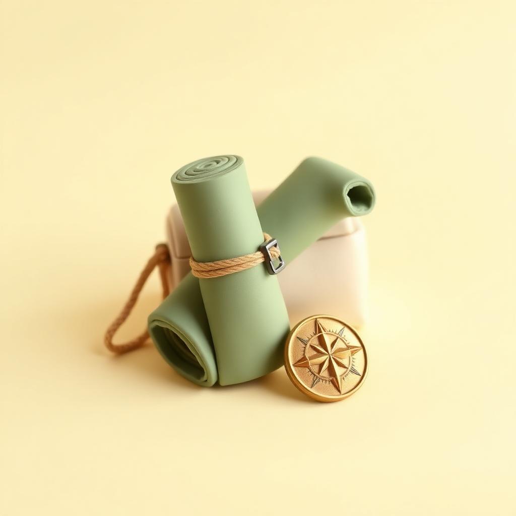 Rolled sage clay travel prayer mat strapped to a cream clay bag beside a gold clay compass disc