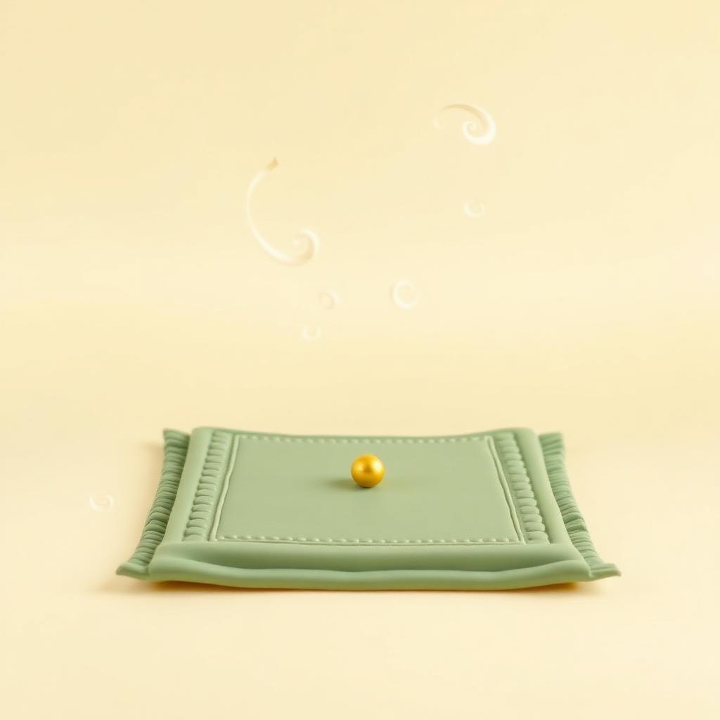 Sage clay prayer mat with faint cream clay wisps drifting above and a gold clay dot at its centre