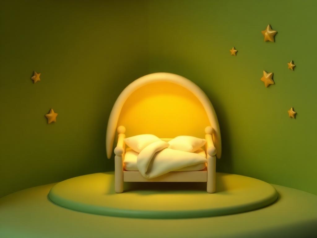 A small cream clay bed under a dome of warm gold light with gold clay stars on a sage clay night wall