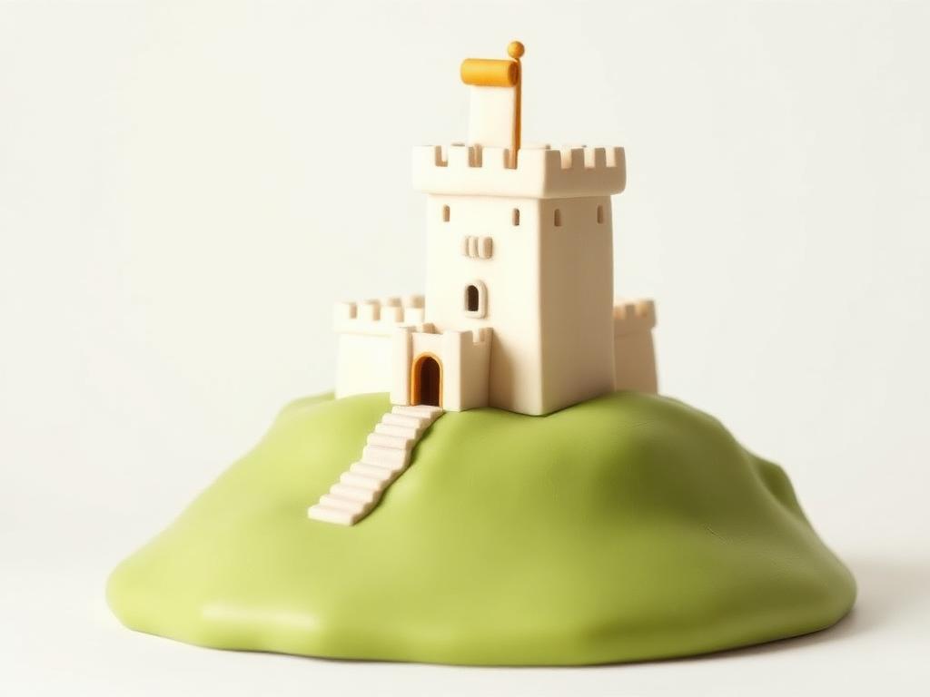 A small cream clay fortress tower with gold clay battlements standing on a sage clay hill