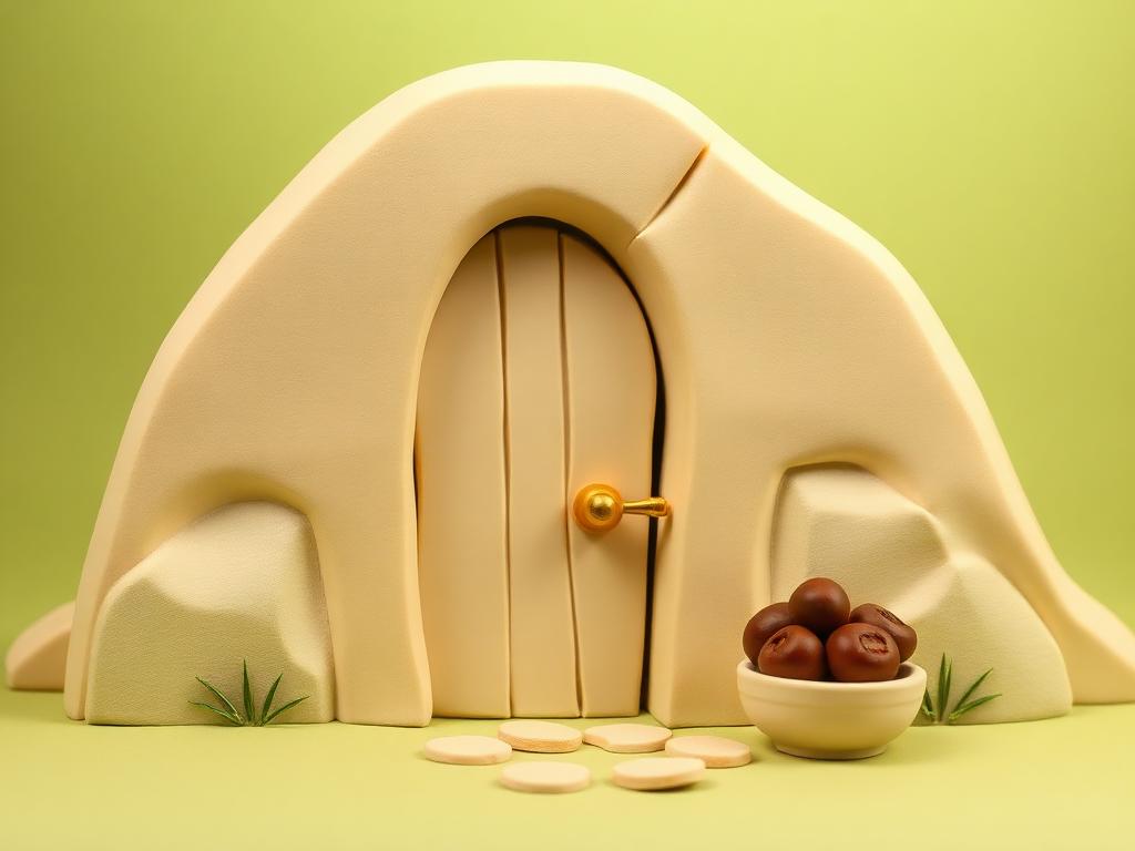 A cream clay house door closed with a gold clay latch at dusk beside a cream clay bowl of dates