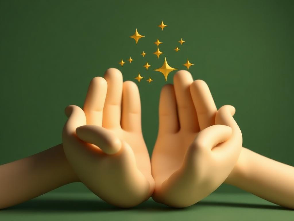 Two cream clay cupped hands held together with tiny gold clay sparkles rising, deep sage background