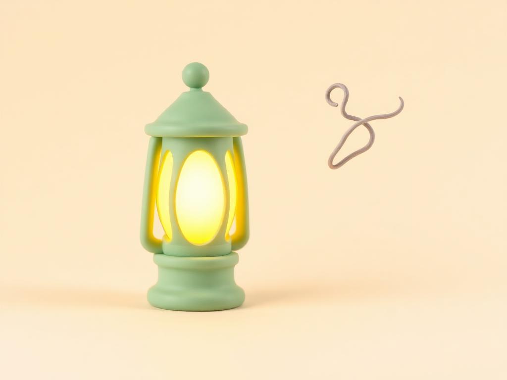 A glowing sage clay lantern with a thin grey clay wisp of smoke curling away from it