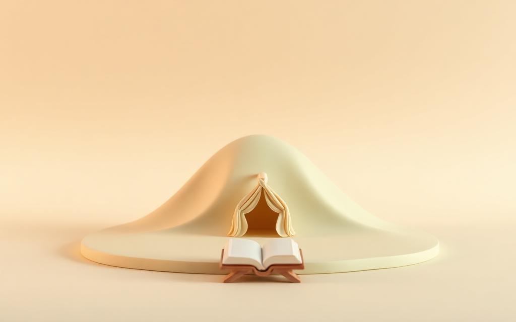 A wide gentle clay hill on a flat plain with a small cream tent and an open clay Qur'an on a stand