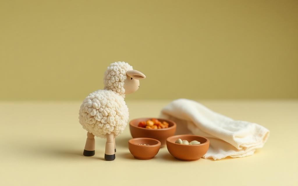 A woolly clay sheep standing beside three clay bowls of shared food and a folded cream cloth