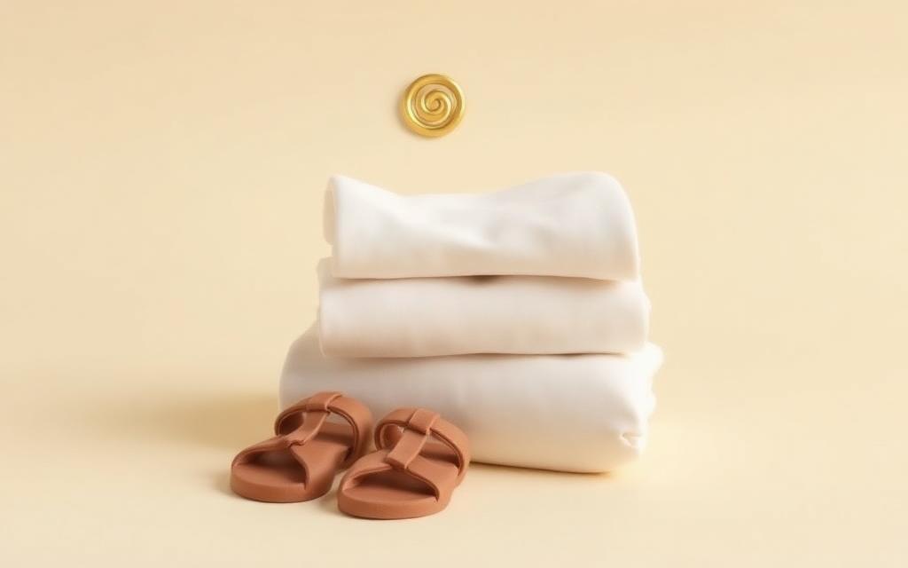 Two plain white folded clay cloths stacked with simple clay sandals and a small gold swirl above