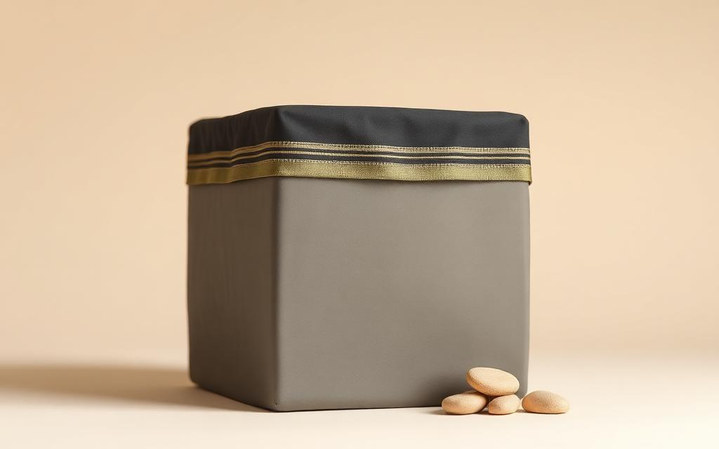A clay cube covered in a dark cloth with a gold band, standing alone on a cream floor