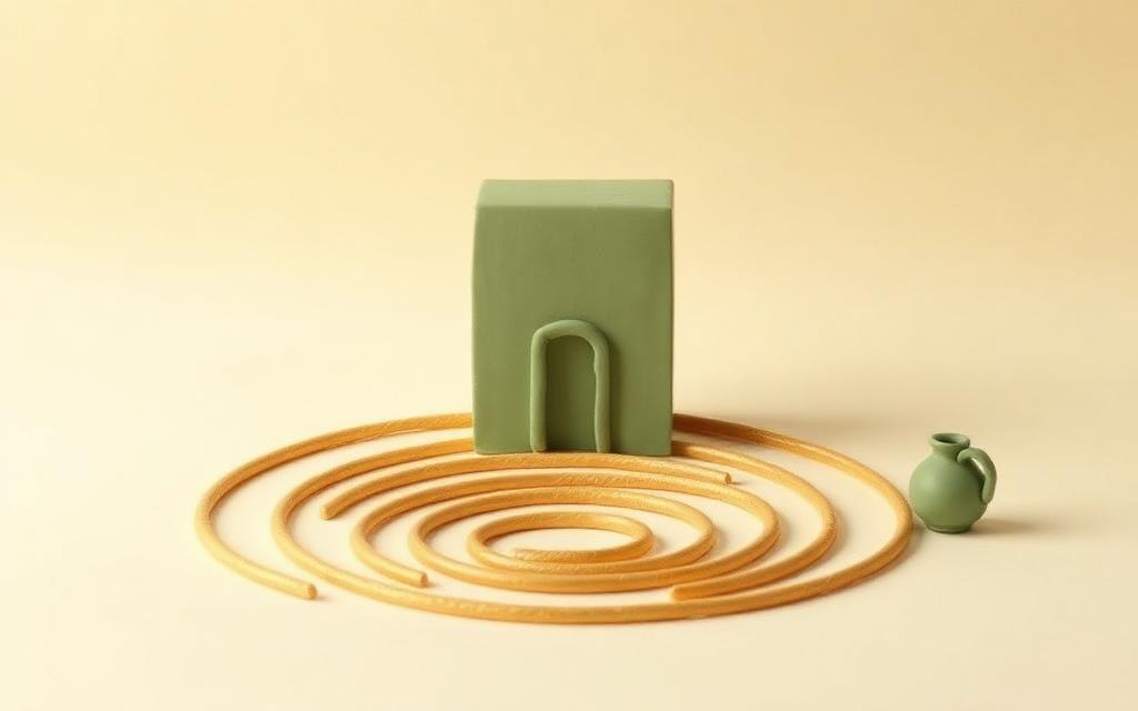 A clay cube at the centre of seven gold clay rings on the floor with a small water jug at the edge