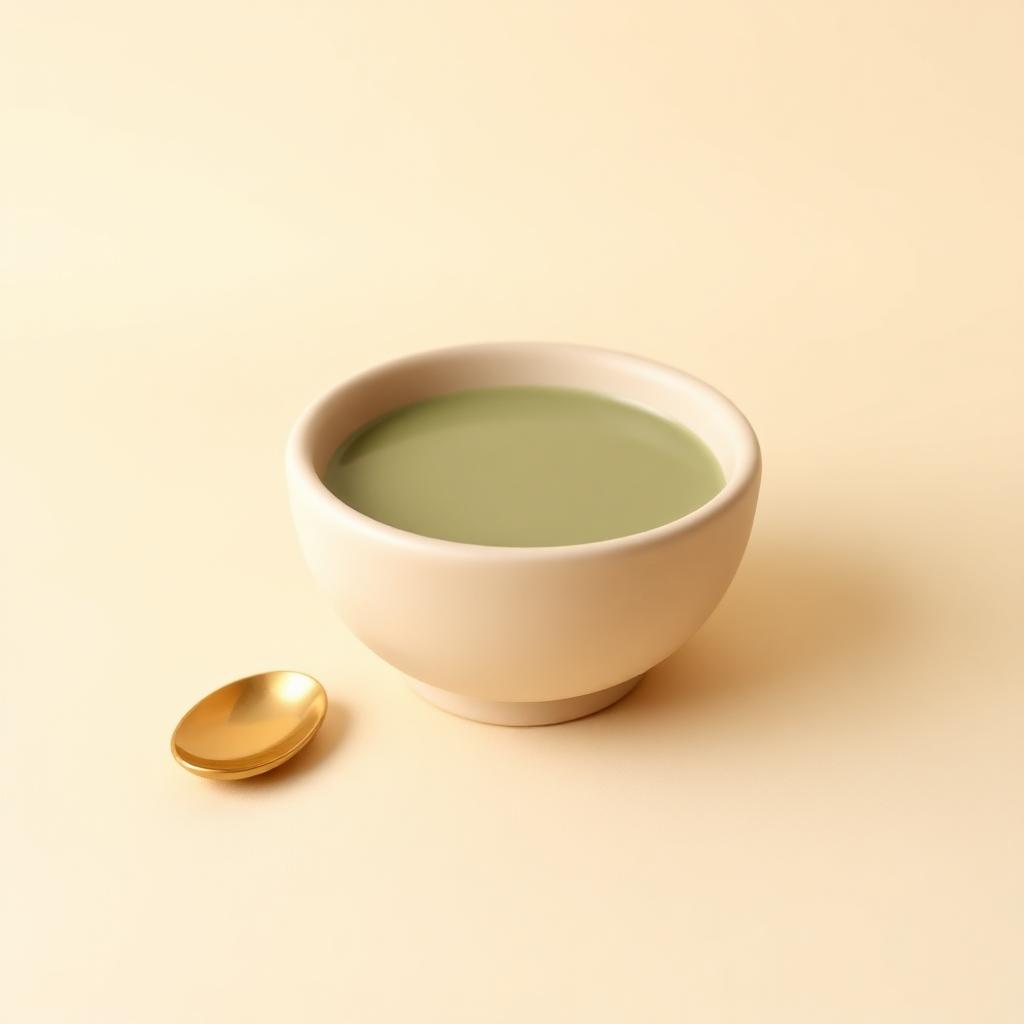 A cream clay bowl of plain soup resting on a sage clay mat with a gold clay rim