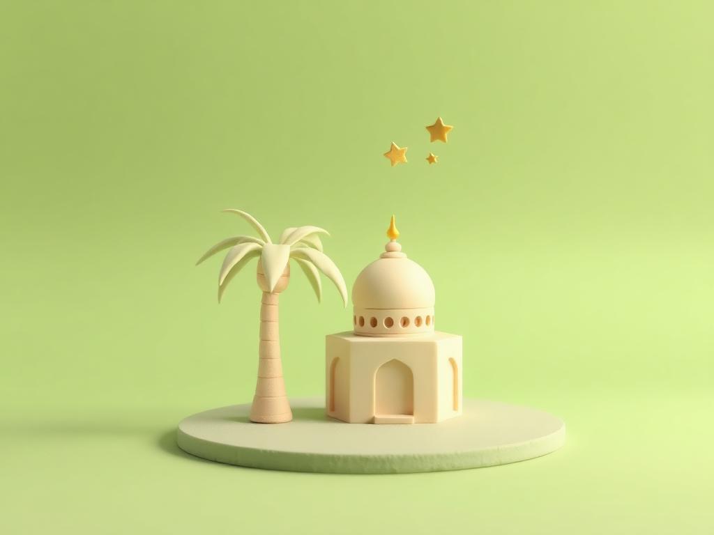 A cream clay date palm and a small cream clay masjid dome on sage clay ground with two gold clay stars