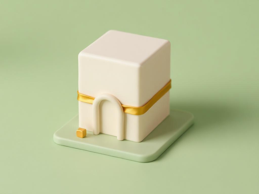 A cream clay cube house on sage clay ground with a gold clay number one marker beside it