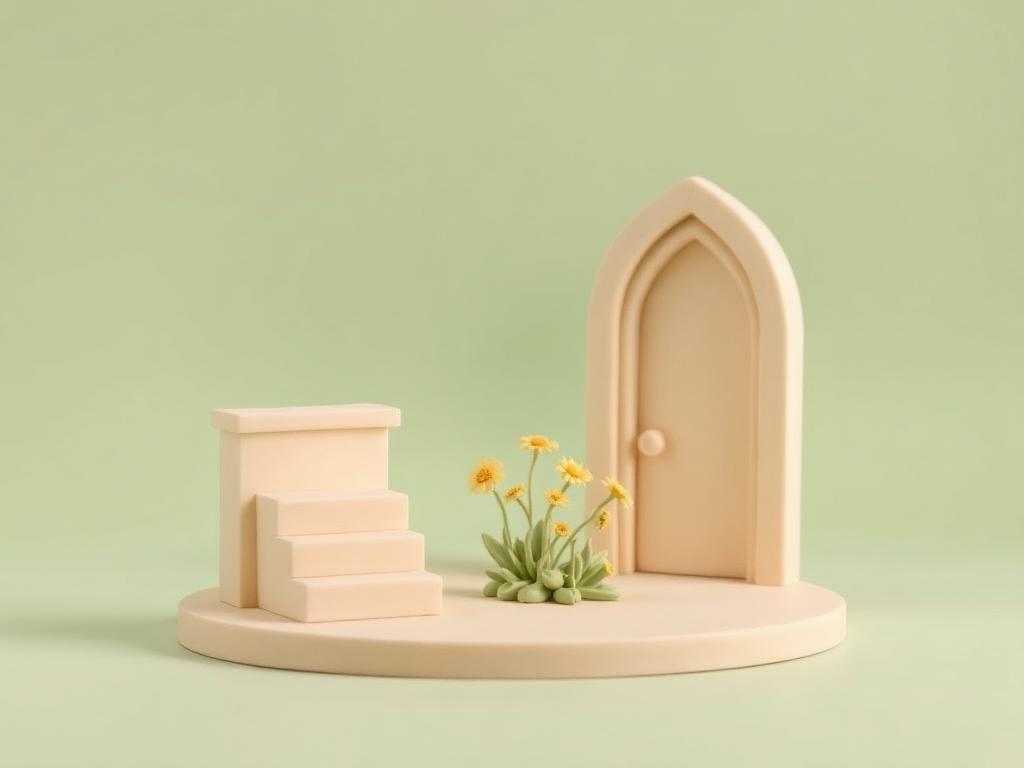 A cream clay pulpit and a cream clay doorway with a small sage clay garden and gold clay flowers between them