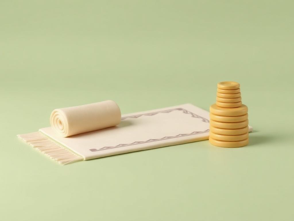 A cream clay prayer mat with a rising stack of gold clay coins beside it on a sage clay floor