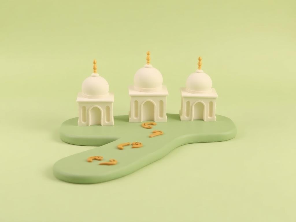 Three small cream clay masjid domes in a row on a sage clay path with gold clay footprints between them