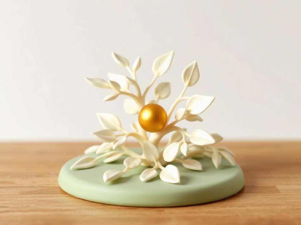 A cream clay branch with pale leaves and one gold clay fruit resting on a sage clay base