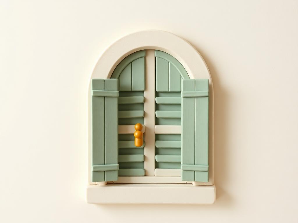 A cream clay arched window with sage clay shutters closed over it and a small gold latch