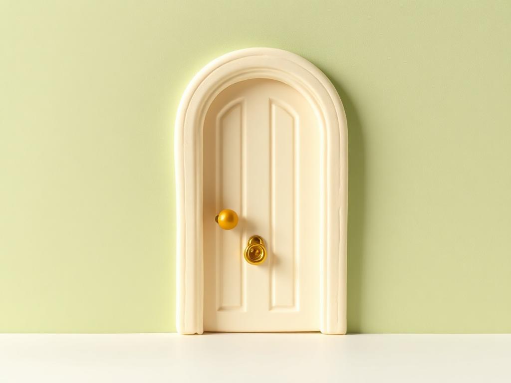 A cream clay arched door slightly open with a small gold clay knocker on a sage clay wall