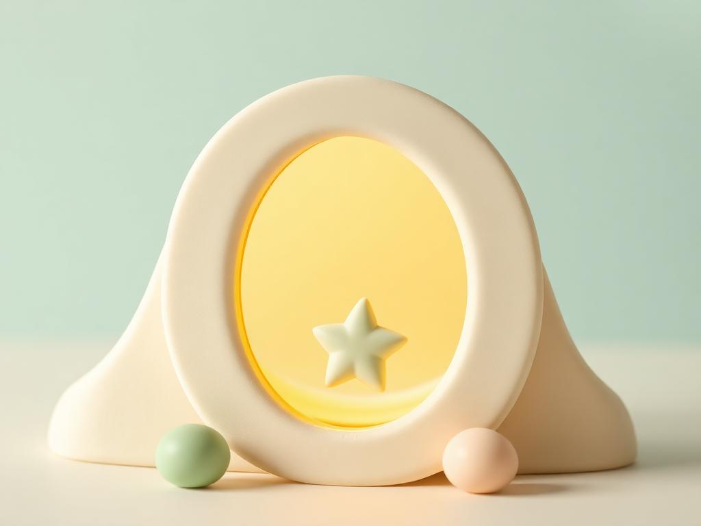 A cream clay mirror with a warm gold clay glow reflecting a small sage clay star