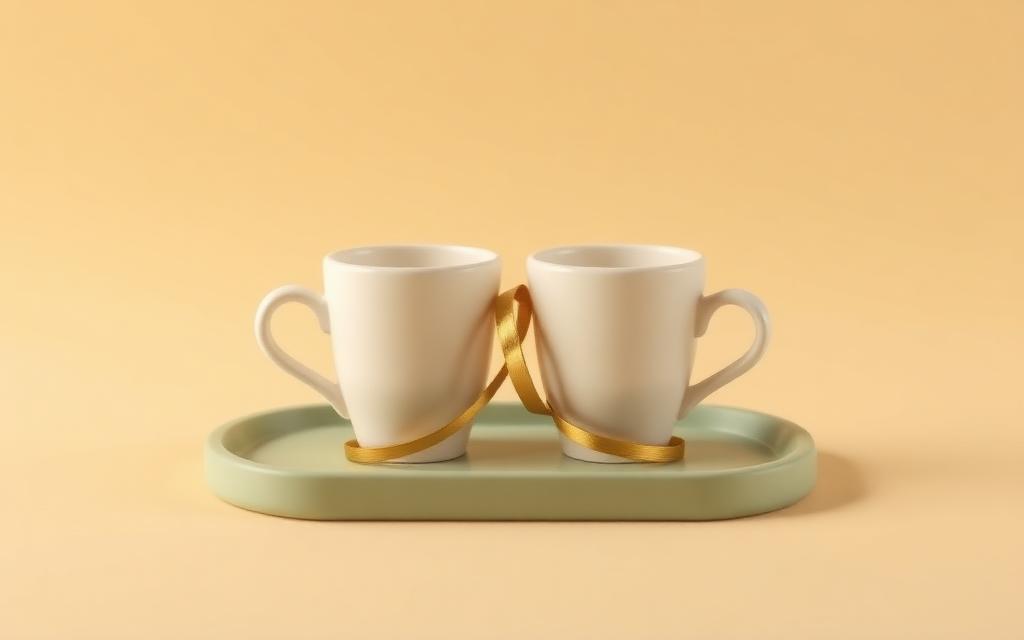 Two cream clay cups on a sage clay tray, one fuller than the other, with a gold clay ribbon linking them