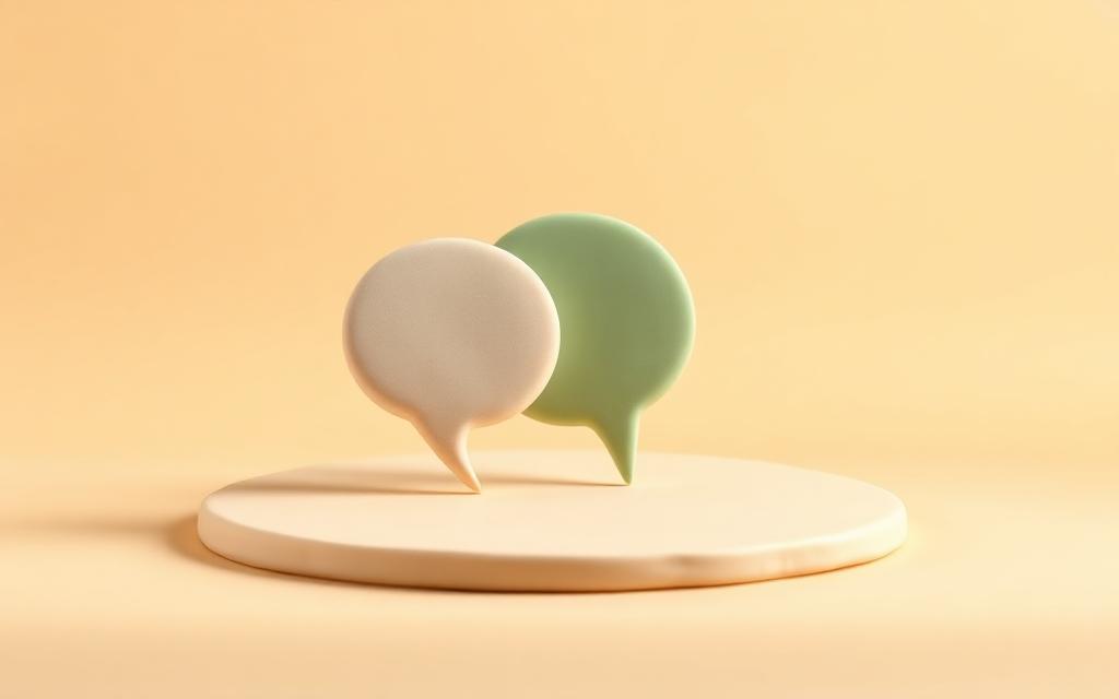 Two cream clay speech-bubble shapes turned away from a third sage clay bubble on a cream clay surface