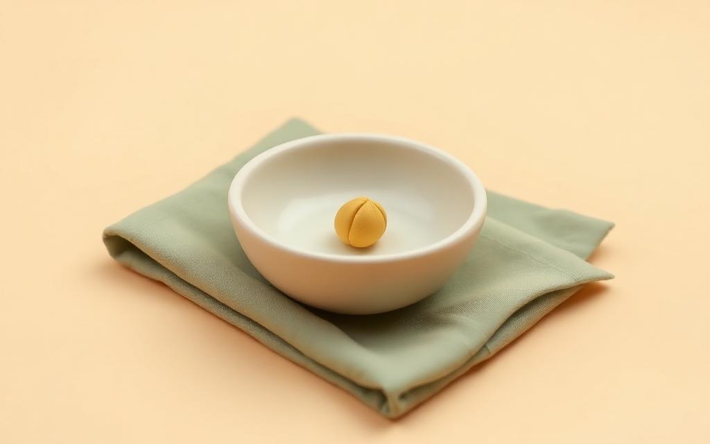 A small gold clay heart shape resting in a cream clay bowl on a sage clay surface