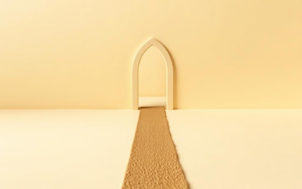 A straight gold clay path running across sage clay ground towards a cream clay archway