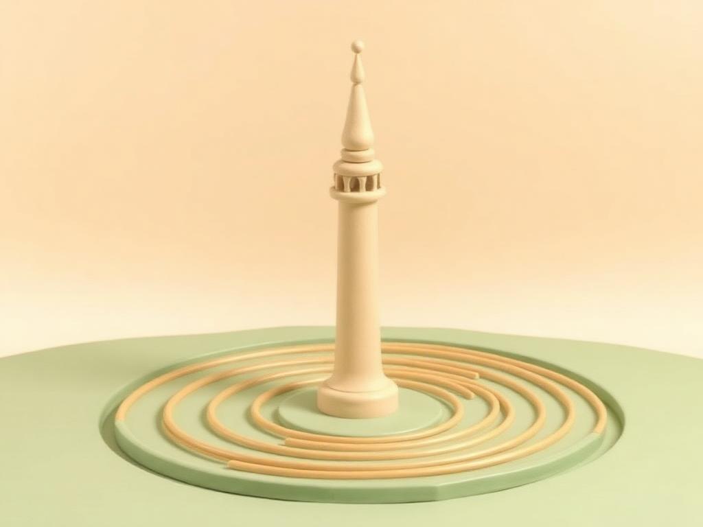 A cream clay minaret on sage clay ground with gold clay sound rings spreading outward
