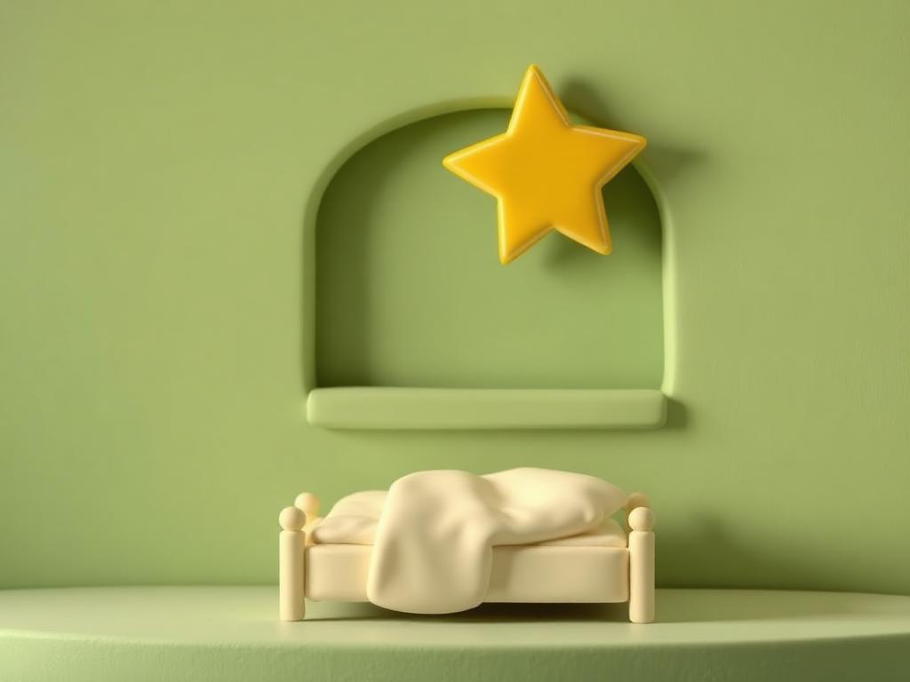 A cream clay bed under a sage clay window with a wide gold clay star shining over it