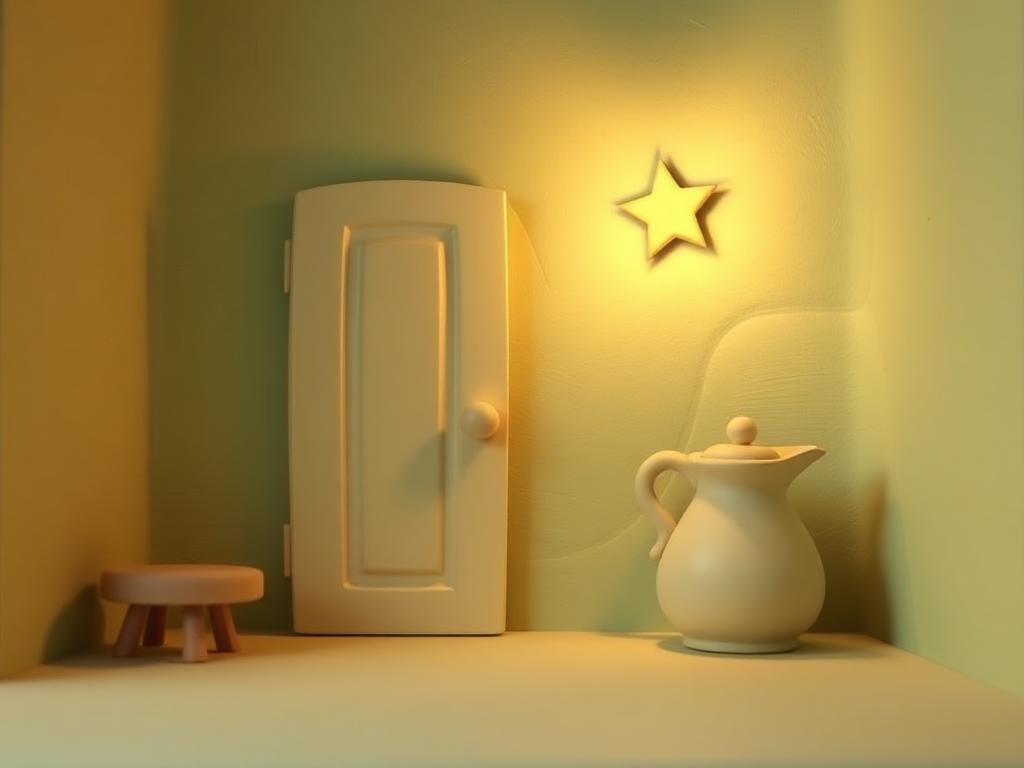 A cream clay door and covered jug in a sage clay room lit by one small gold clay lamp star