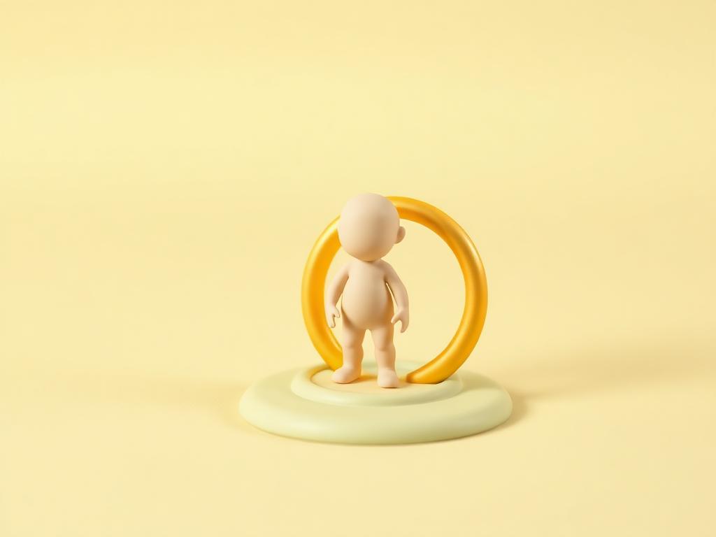 A small cream clay figure standing calmly inside a gold clay circle on sage clay ground
