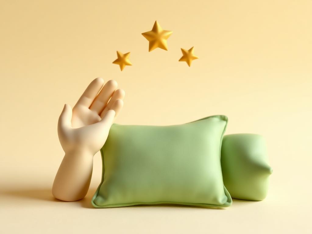 Cream clay cupped hands raised near a sage clay pillow with three small gold clay stars above them
