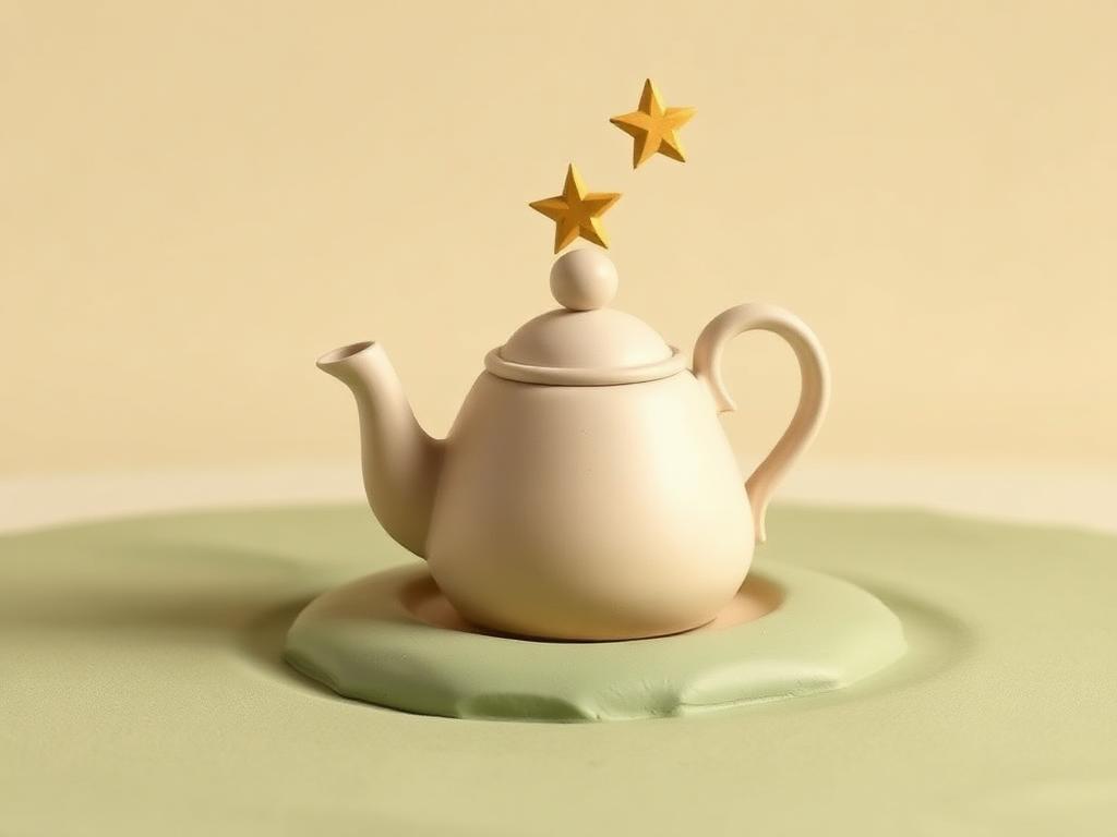 A cream clay kettle cooling on sage clay ground with a gold clay star instead of steam
