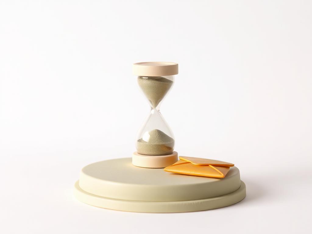 A cream clay hourglass beside a sealed clay envelope on a sage clay platform