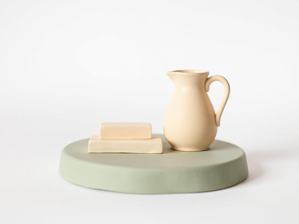 Three small cream clay steps beside a clay water jug on a sage clay base