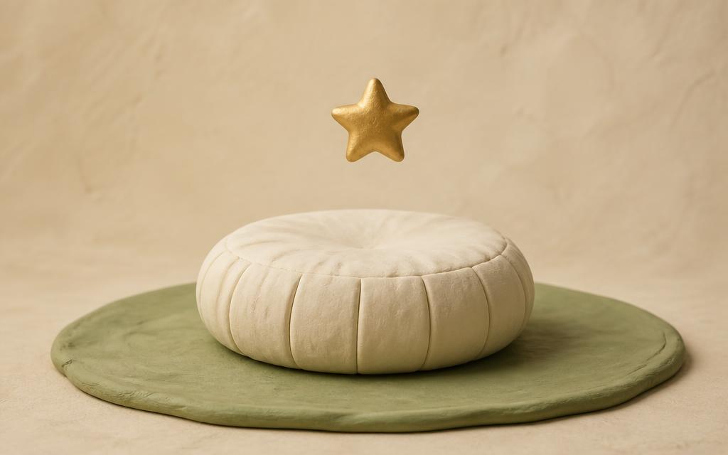 A cream clay floor cushion resting on a sage clay mat with a small gold clay star above it